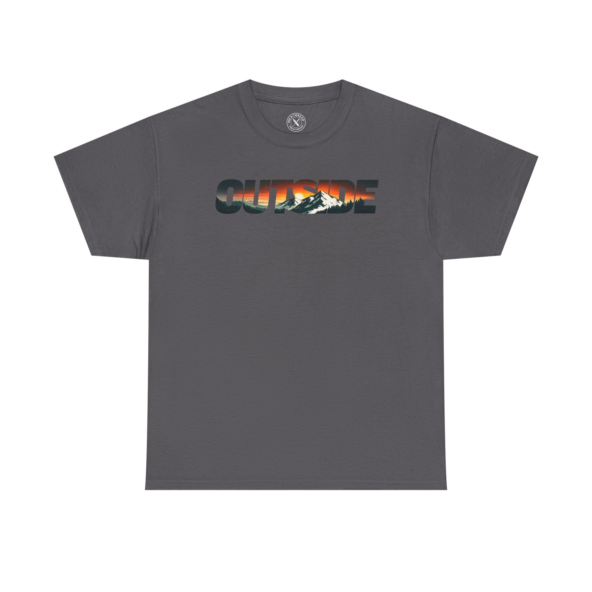 Ink and Thread UK grey t-shirt with Outside mountain sunset graphic print, front view on white background