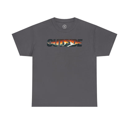 Ink and Thread UK grey t-shirt with Outside mountain sunset graphic print, front view on white background