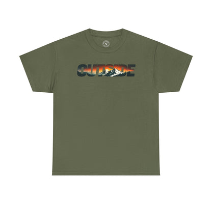 Ink and Thread UK olive green t-shirt with Outside mountain sunset graphic print, front view on white background