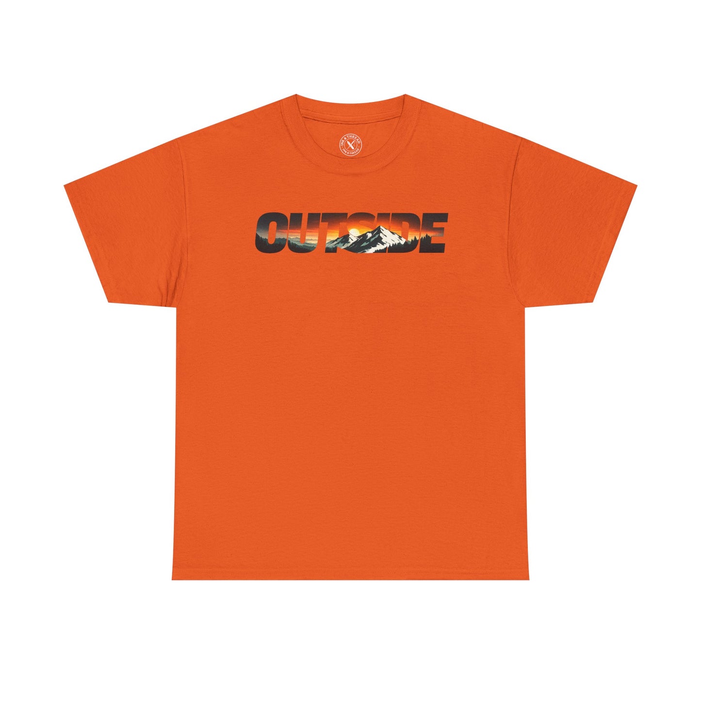 Ink and Thread UK orange t-shirt with Outside mountain sunset graphic print, front view on white background