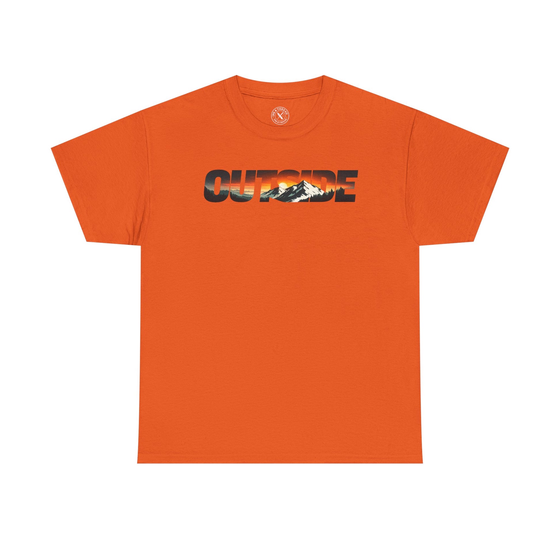 Ink and Thread UK orange t-shirt with Outside mountain sunset graphic print, front view on white background
