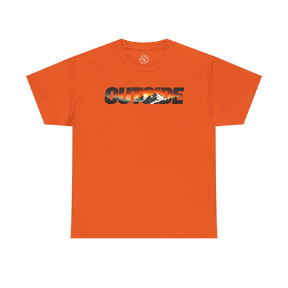 Ink and Thread UK orange t-shirt with Outside mountain sunset graphic print, front view on white background
