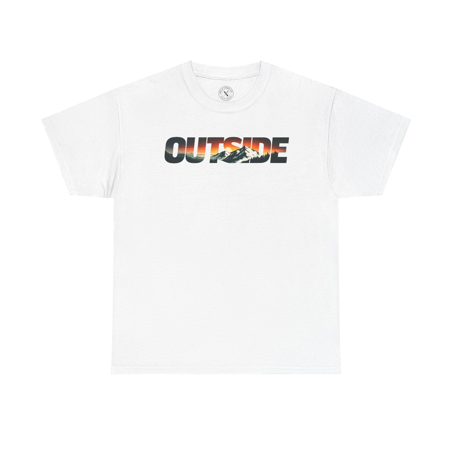 Ink and Thread UK white t-shirt with Outside mountain sunset graphic print, flat lay product shot on white background