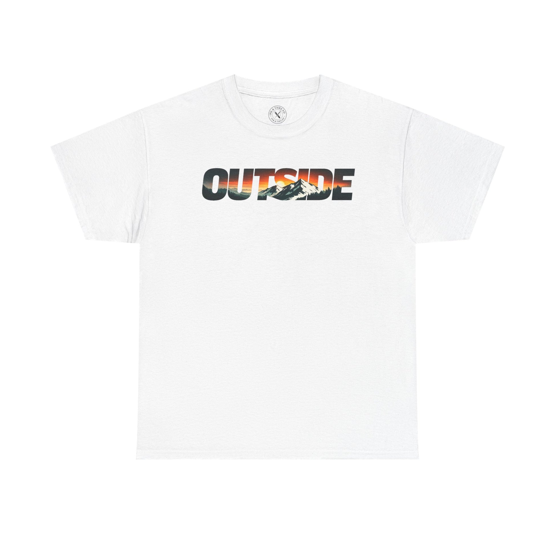 Ink and Thread UK white t-shirt with Outside mountain sunset graphic print, flat lay product shot on white background