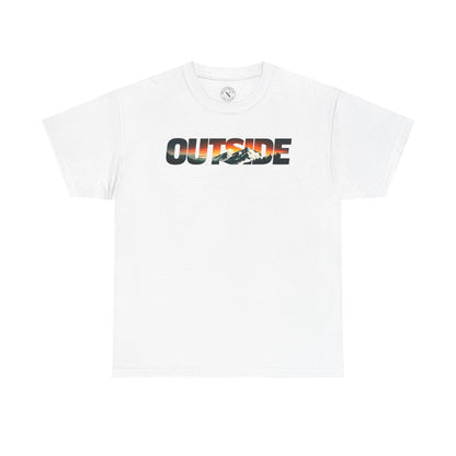 Ink and Thread UK white t-shirt with Outside mountain sunset graphic print, flat lay product shot on white background