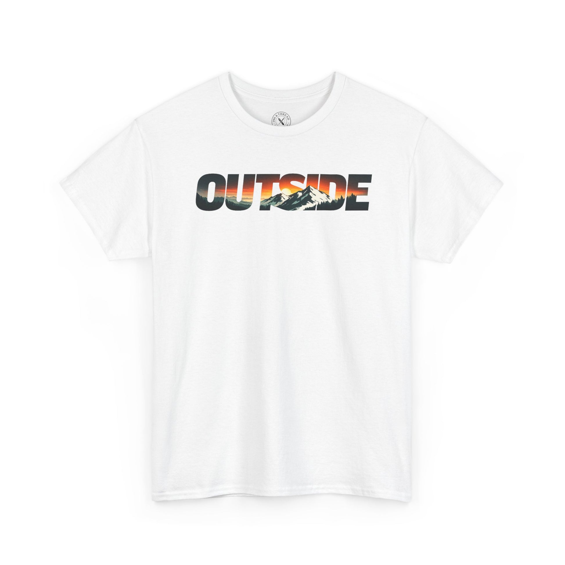 Ink and Thread UK white t-shirt with Outside mountain sunset graphic print, front view on white background