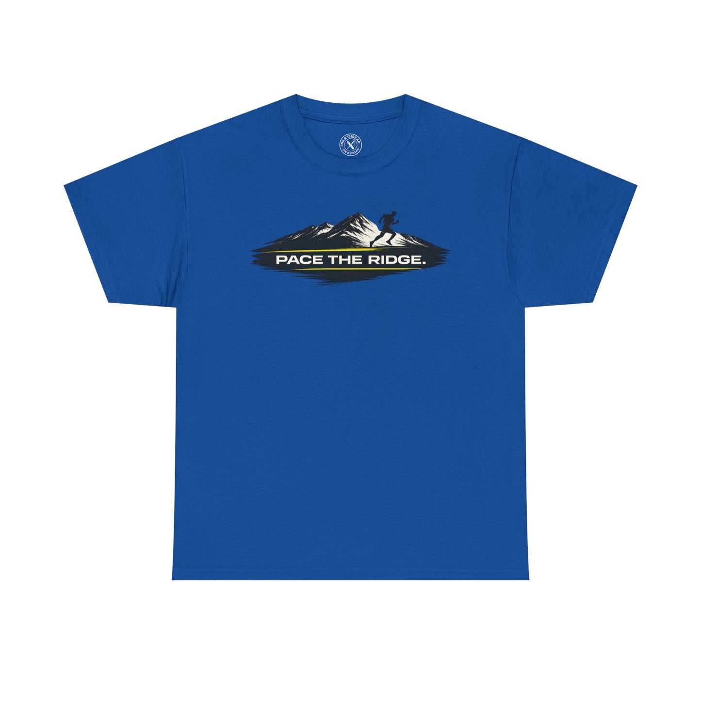 Blue unisex t-shirt featuring Pace the Ridge mountain running graphic with runner silhouette design