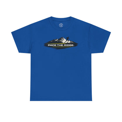 Blue unisex t-shirt featuring Pace the Ridge mountain running graphic with runner silhouette design