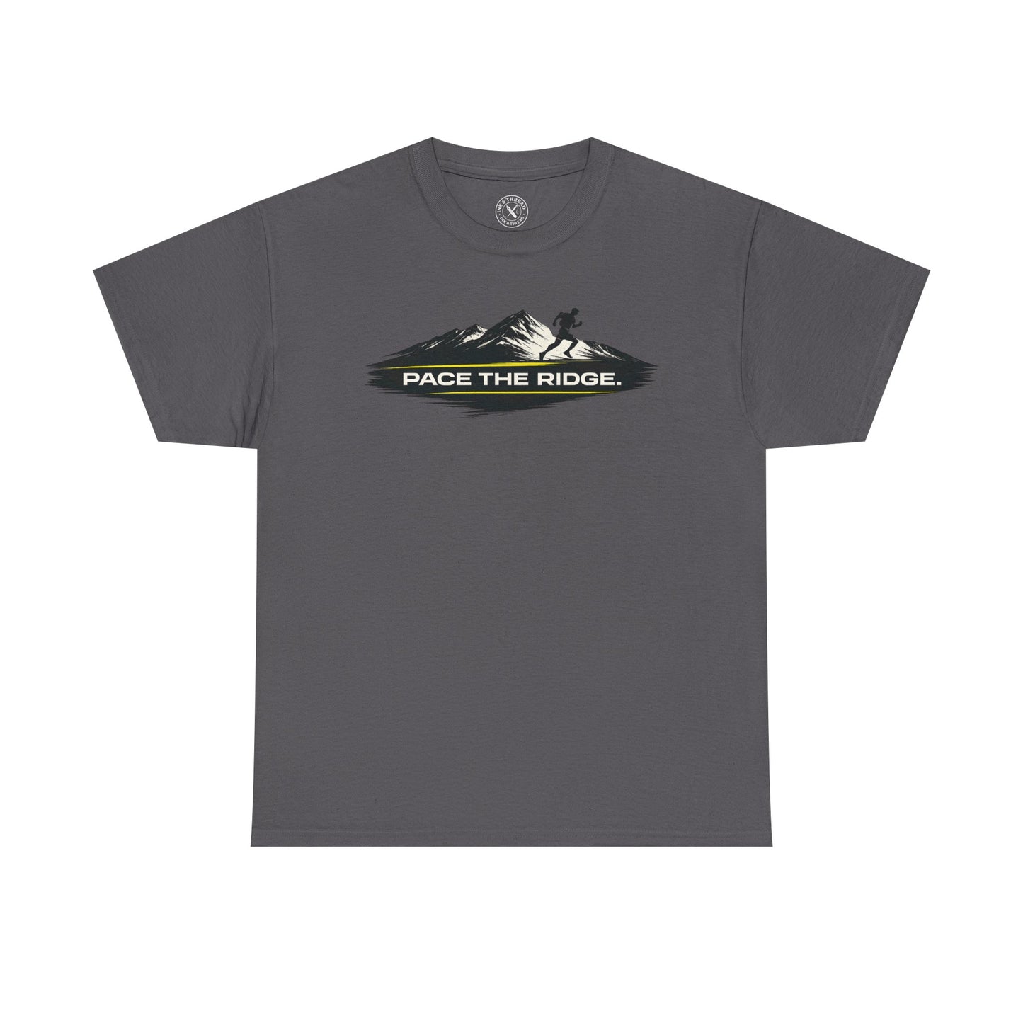 Charcoal grey unisex t-shirt featuring Pace the Ridge mountain running graphic with runner silhouette design