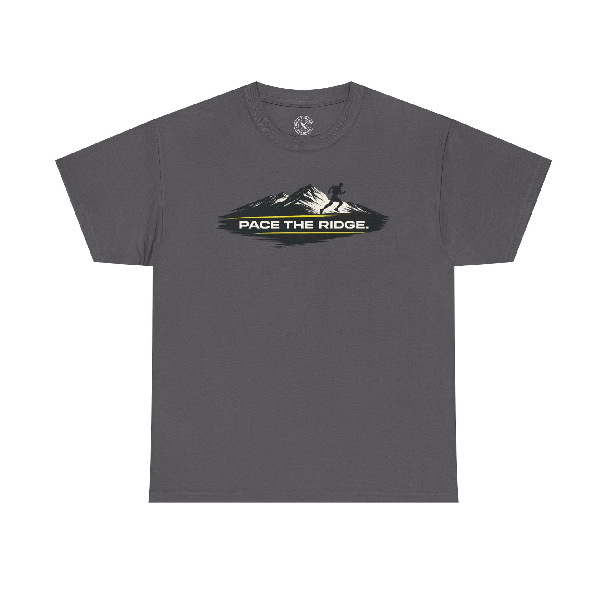 Charcoal grey unisex t-shirt featuring Pace the Ridge mountain running graphic with runner silhouette design