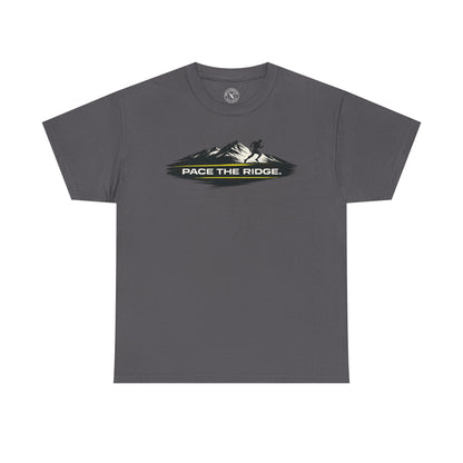 Charcoal grey unisex t-shirt featuring Pace the Ridge mountain running graphic with runner silhouette design