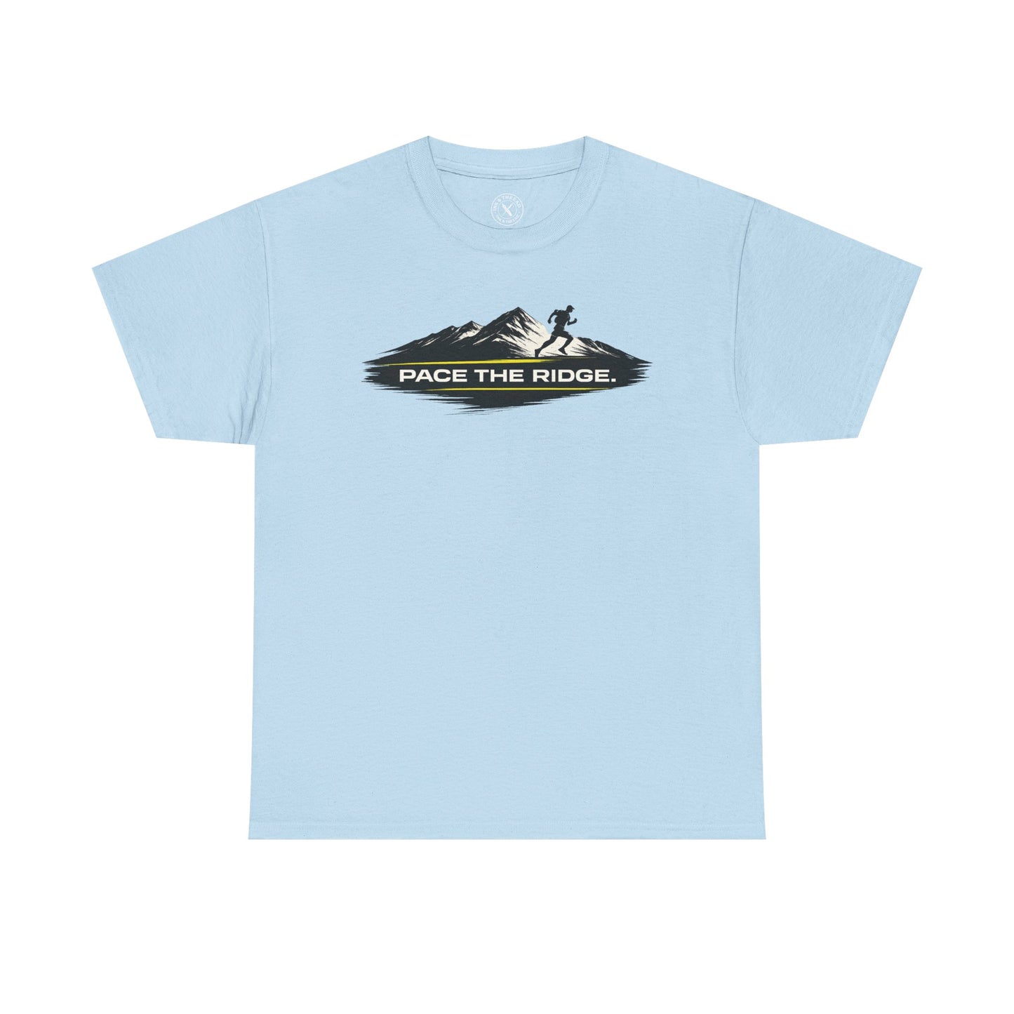 Light blue unisex t-shirt featuring Pace the Ridge mountain running graphic with runner silhouette design