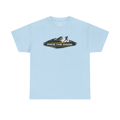 Light blue unisex t-shirt featuring Pace the Ridge mountain running graphic with runner silhouette design