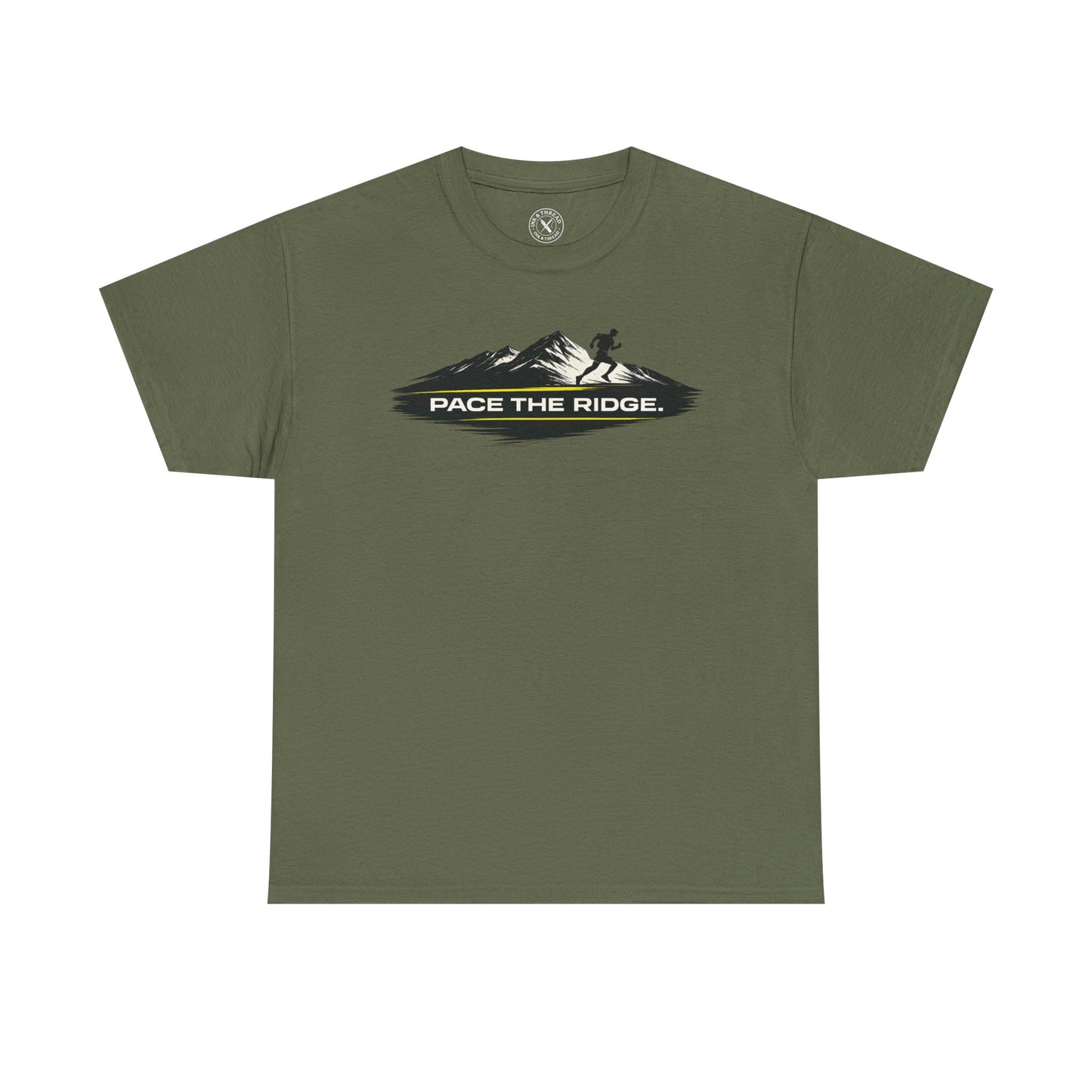 Olive green unisex t-shirt featuring Pace the Ridge mountain running graphic with runner silhouette design