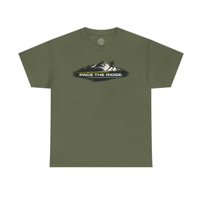 Olive green unisex t-shirt featuring Pace the Ridge mountain running graphic with runner silhouette design