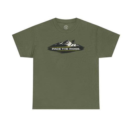Olive green unisex t-shirt featuring Pace the Ridge mountain running graphic with runner silhouette design