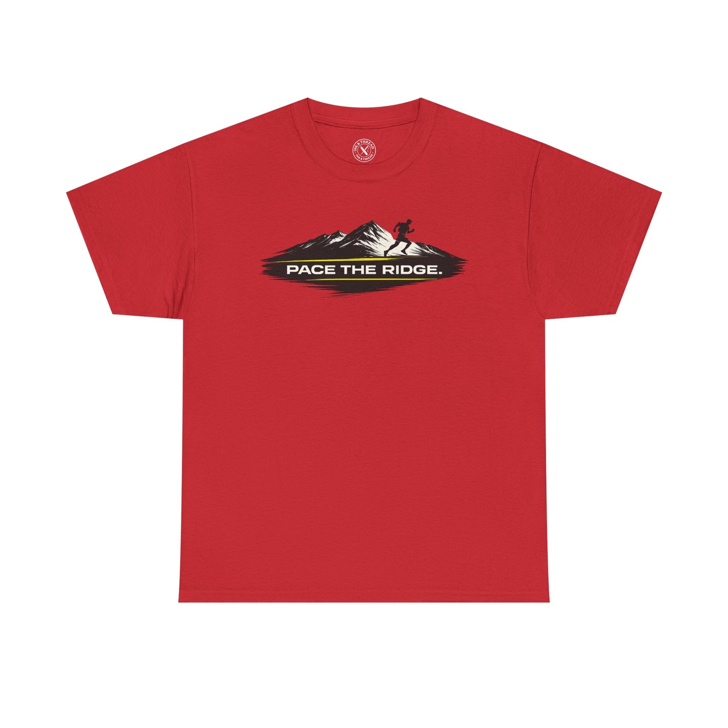 Red unisex t-shirt featuring Pace the Ridge mountain running graphic with runner silhouette design