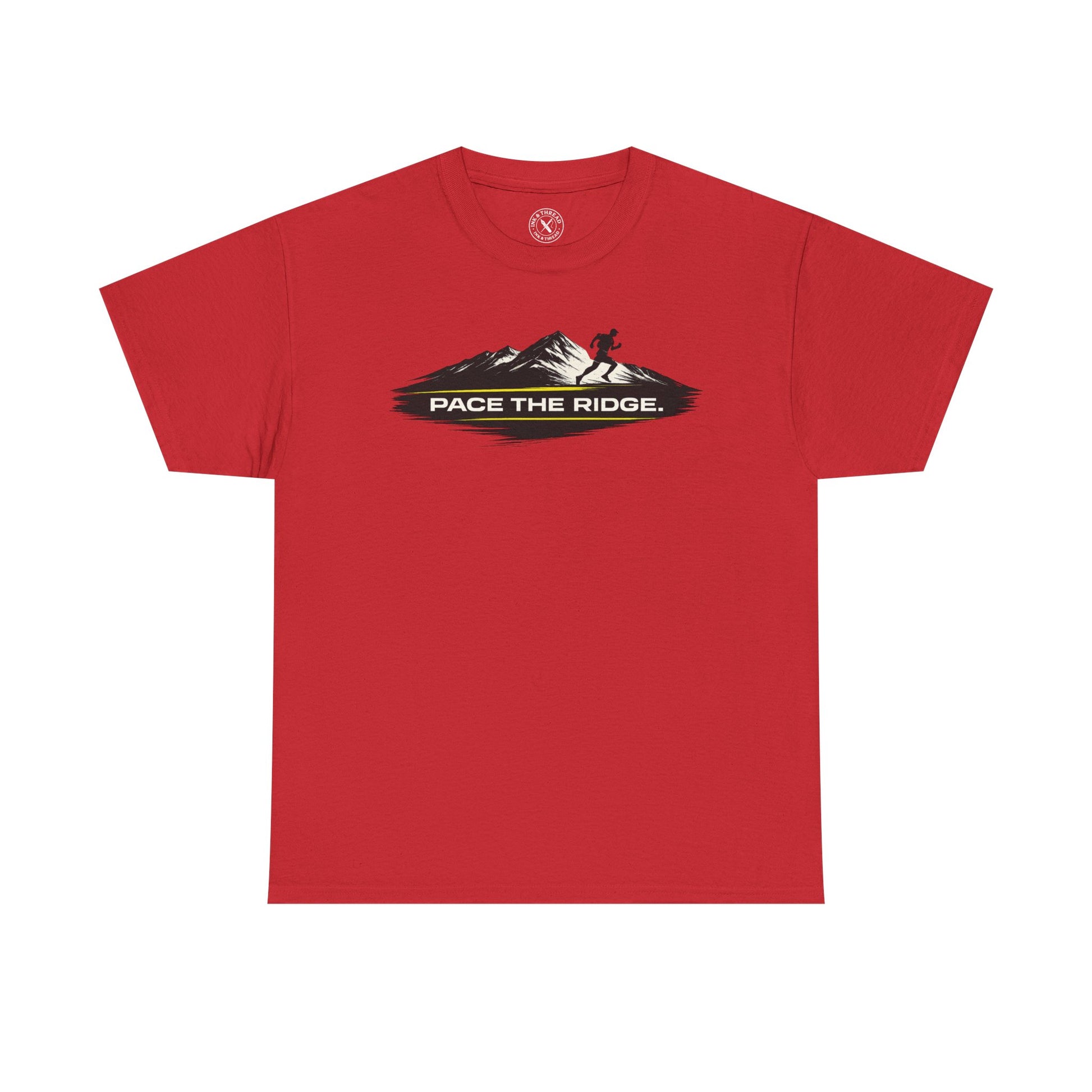Red unisex t-shirt featuring Pace the Ridge mountain running graphic with runner silhouette design