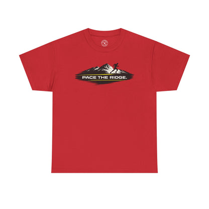 Red unisex t-shirt featuring Pace the Ridge mountain running graphic with runner silhouette design