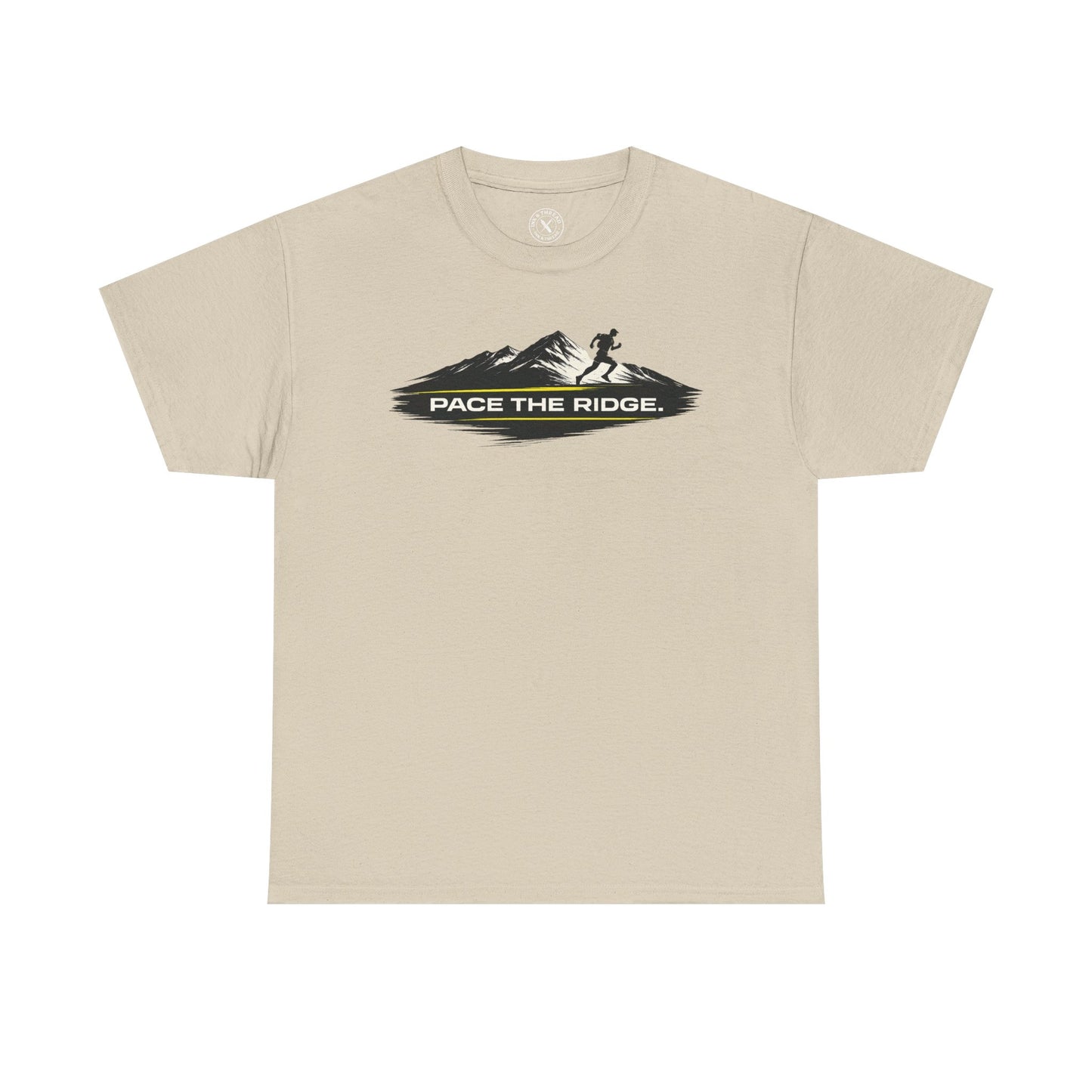 Sand beige unisex t-shirt featuring Pace the Ridge mountain running graphic with runner silhouette design