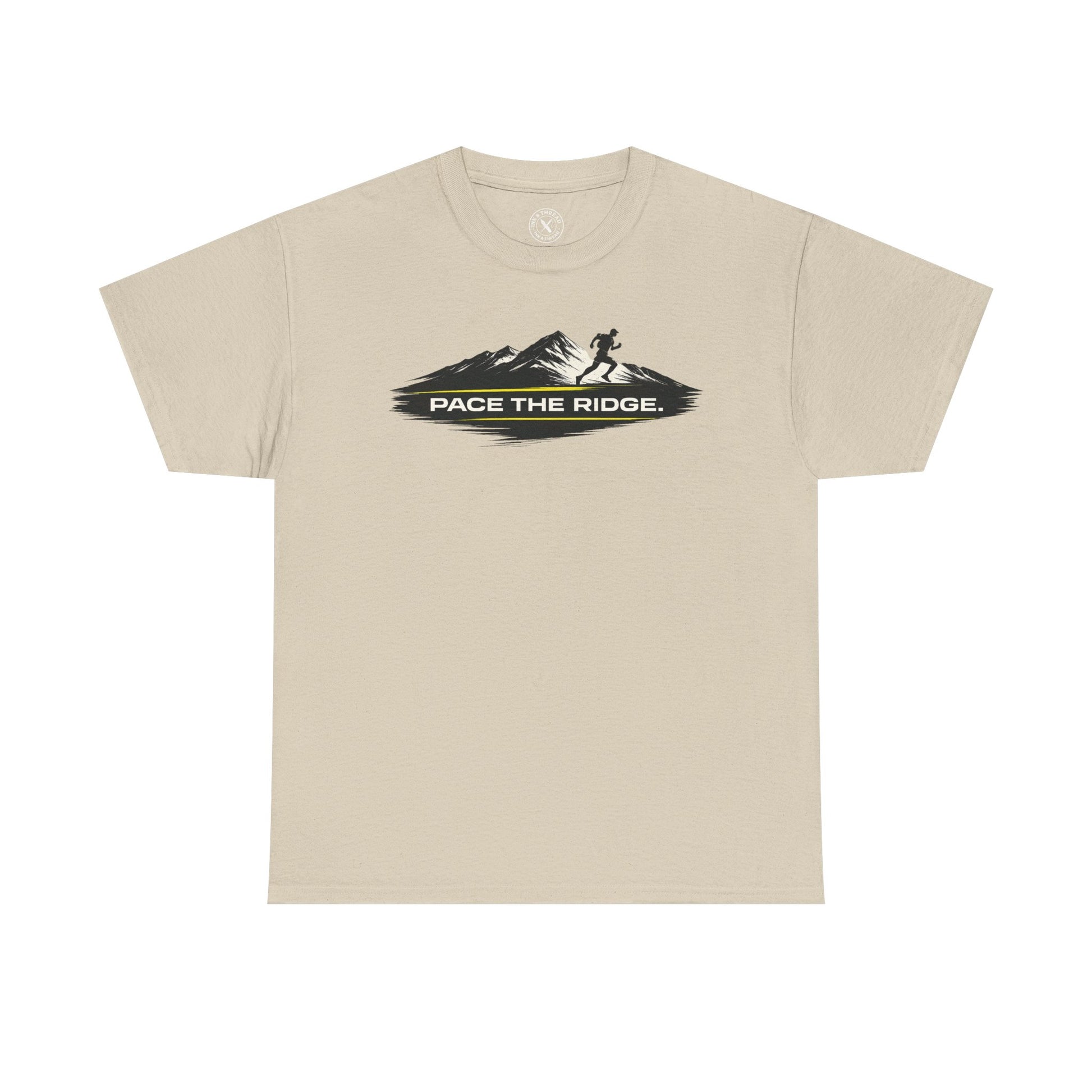 Sand beige unisex t-shirt featuring Pace the Ridge mountain running graphic with runner silhouette design