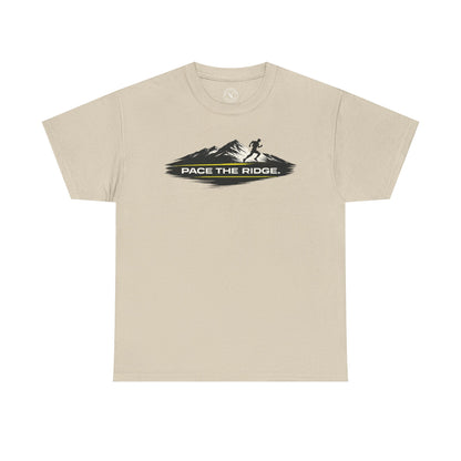 Sand beige unisex t-shirt featuring Pace the Ridge mountain running graphic with runner silhouette design