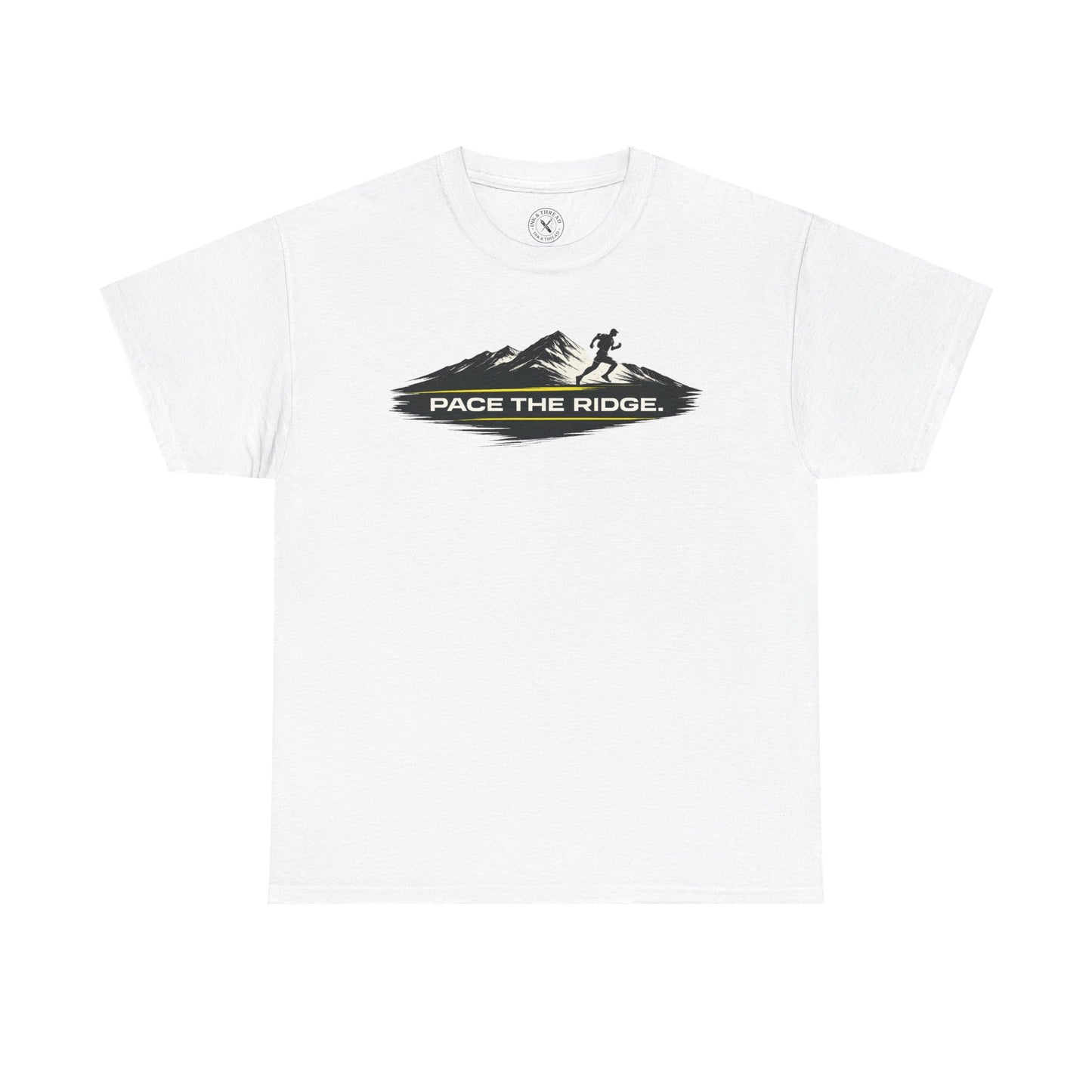 White relaxed fit unisex t-shirt featuring Pace the Ridge mountain running graphic with runner silhouette design