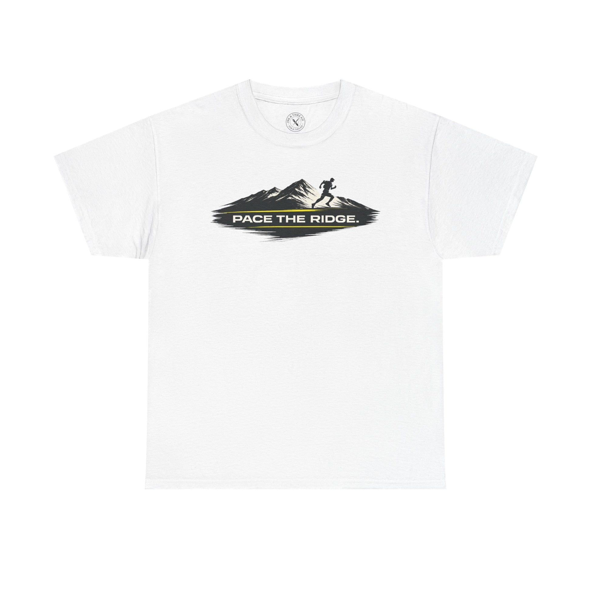 White relaxed fit unisex t-shirt featuring Pace the Ridge mountain running graphic with runner silhouette design