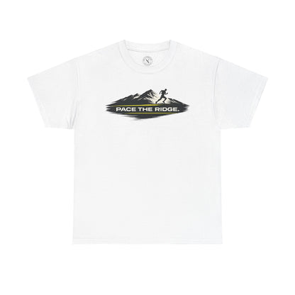 White relaxed fit unisex t-shirt featuring Pace the Ridge mountain running graphic with runner silhouette design