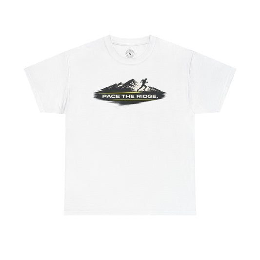 White relaxed fit unisex t-shirt featuring Pace the Ridge mountain running graphic with runner silhouette design