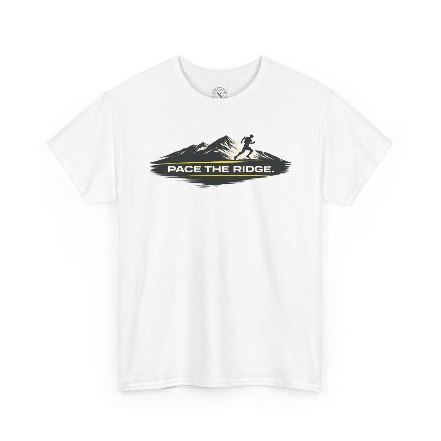 White unisex t-shirt featuring Pace the Ridge running graphic with mountain silhouette and runner design