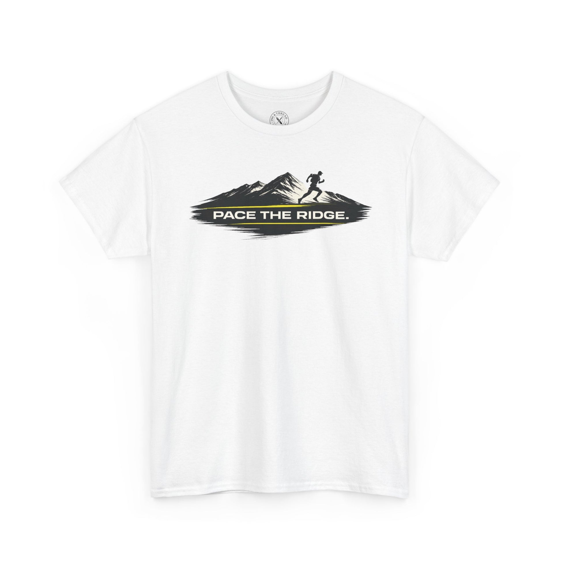 White unisex t-shirt featuring Pace the Ridge running graphic with mountain silhouette and runner design