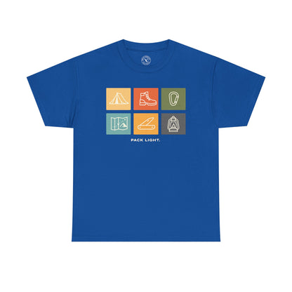 Ink and Thread UK royal blue t-shirt with Pack Light outdoor icons design featuring tent, hiking boot, carabiner, map, knife and lantern in colourful grid, front view