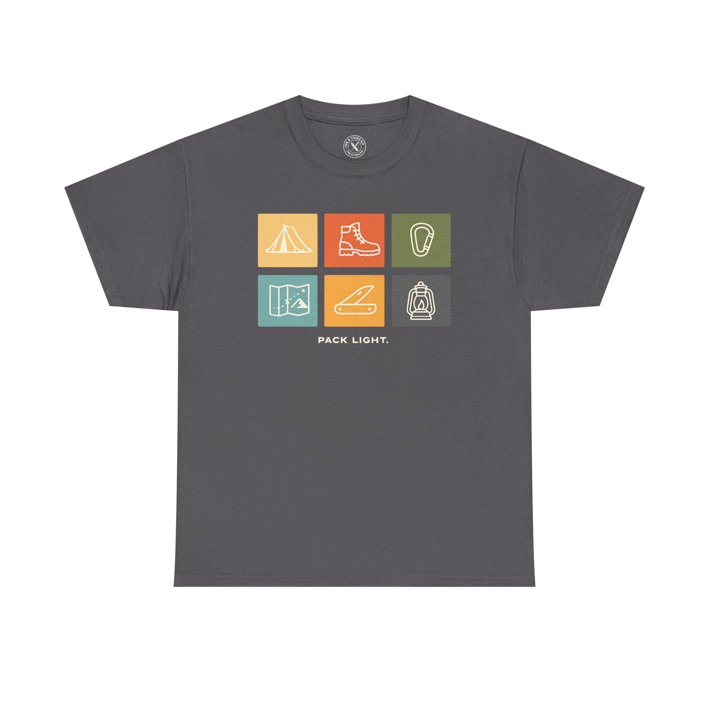 Ink and Thread UK grey t-shirt with Pack Light outdoor icons design featuring tent, hiking boot, carabiner, map, knife and lantern in colourful grid, front view