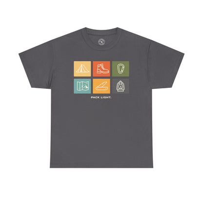 Ink and Thread UK grey t-shirt with Pack Light outdoor icons design featuring tent, hiking boot, carabiner, map, knife and lantern in colourful grid, front view