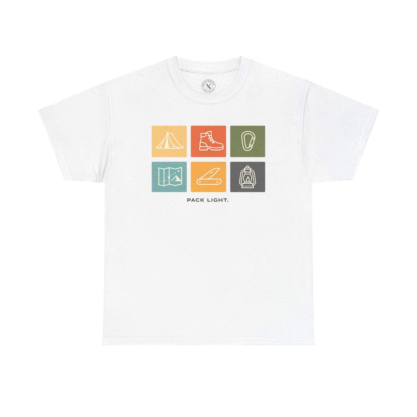 Ink and Thread UK natural white t-shirt with Pack Light outdoor icons design featuring tent, hiking boot, carabiner, map, knife and lantern in colourful grid, front view