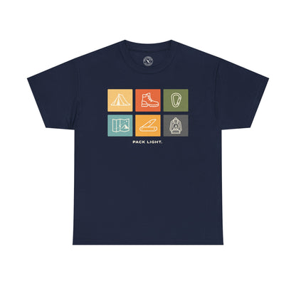 Ink and Thread UK navy blue t-shirt with Pack Light outdoor icons design featuring tent, hiking boot, carabiner, map, knife and lantern in colourful grid, front view