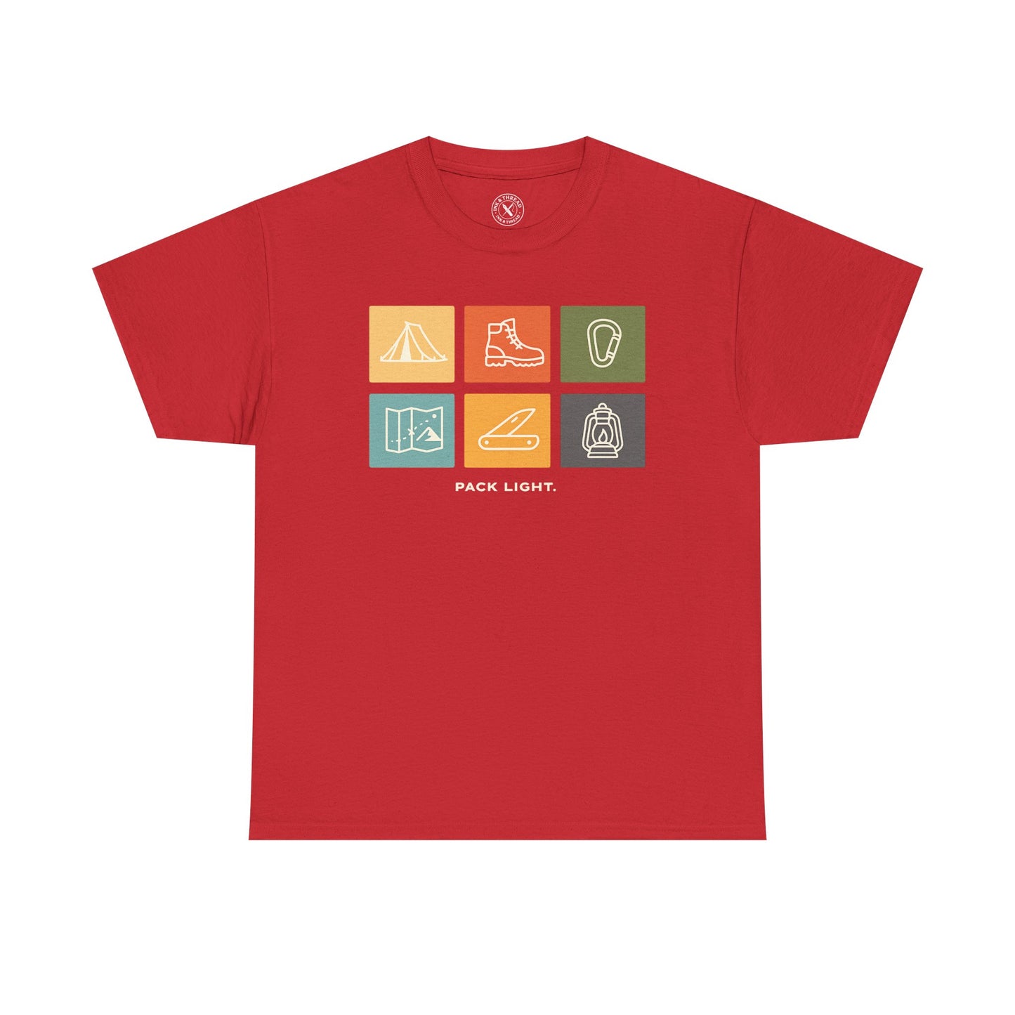 Ink and Thread UK red t-shirt with Pack Light outdoor icons design featuring tent, hiking boot, carabiner, map, knife and lantern in colourful grid, front view