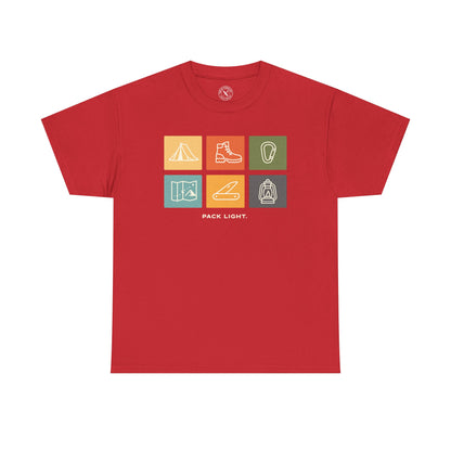 Ink and Thread UK red t-shirt with Pack Light outdoor icons design featuring tent, hiking boot, carabiner, map, knife and lantern in colourful grid, front view