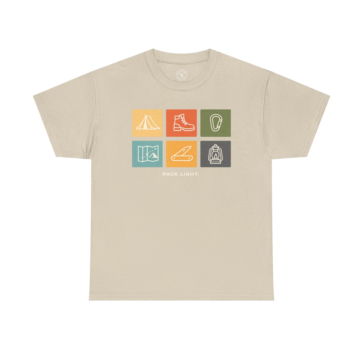 Ink and Thread UK sand beige t-shirt with Pack Light outdoor icons design featuring tent, hiking boot, carabiner, map, knife and lantern in colourful grid, front view