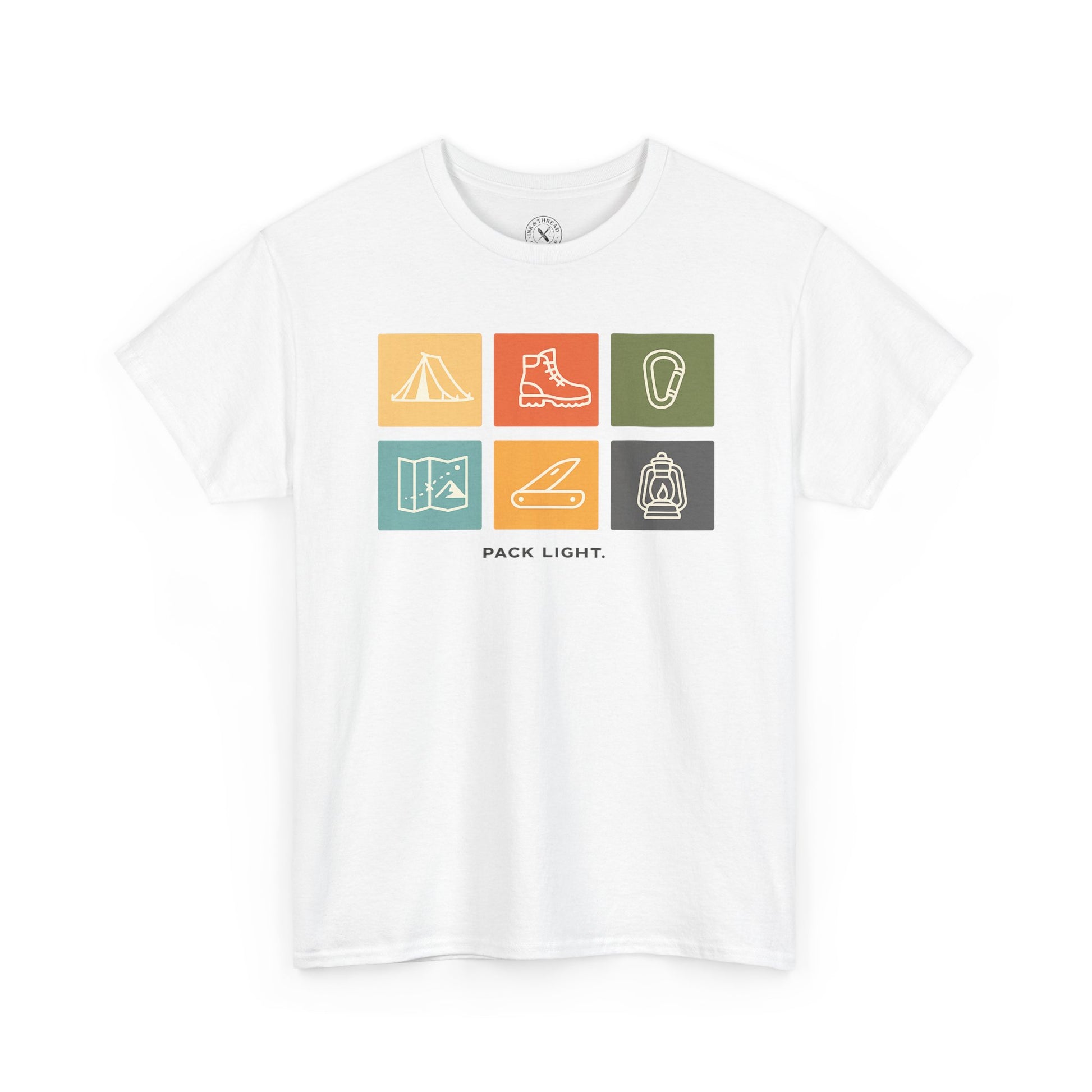 Ink and Thread UK white t-shirt with Pack Light outdoor icons design featuring tent, hiking boot, carabiner, map, knife and lantern in colourful grid, front view