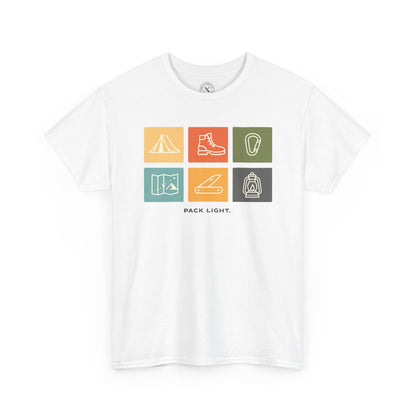 Ink and Thread UK white t-shirt with Pack Light outdoor icons design featuring tent, hiking boot, carabiner, map, knife and lantern in colourful grid, front view