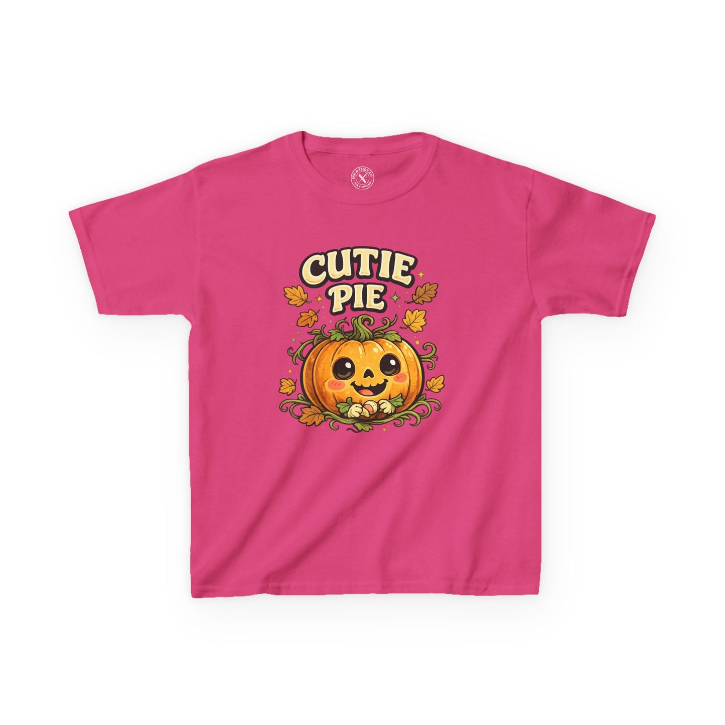 Pink kids Cutie Pie Halloween pumpkin graphic t-shirt featuring a cute smiling jack-o-lantern with autumn leaves design