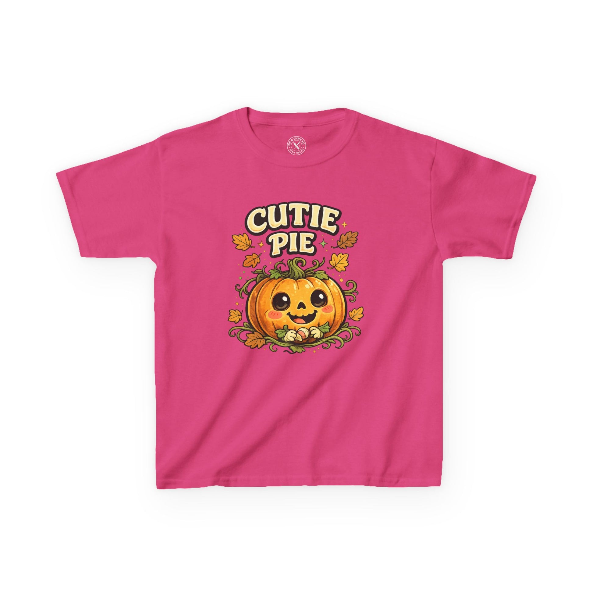 Pink kids Cutie Pie Halloween pumpkin graphic t-shirt featuring a cute smiling jack-o-lantern with autumn leaves design