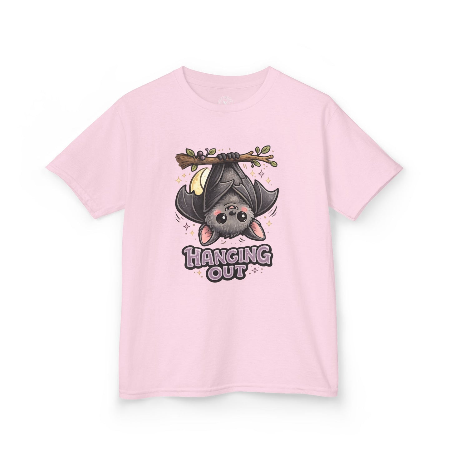 Pink t-shirt featuring a cute bat hanging upside down with Hanging Out graphic print