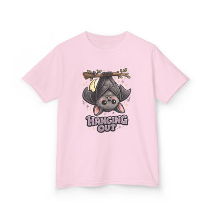 Pink t-shirt featuring a cute bat hanging upside down with Hanging Out graphic print