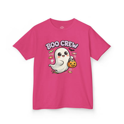 Pink t-shirt with a ghost graphic and 'BOO CREW' text on a white background