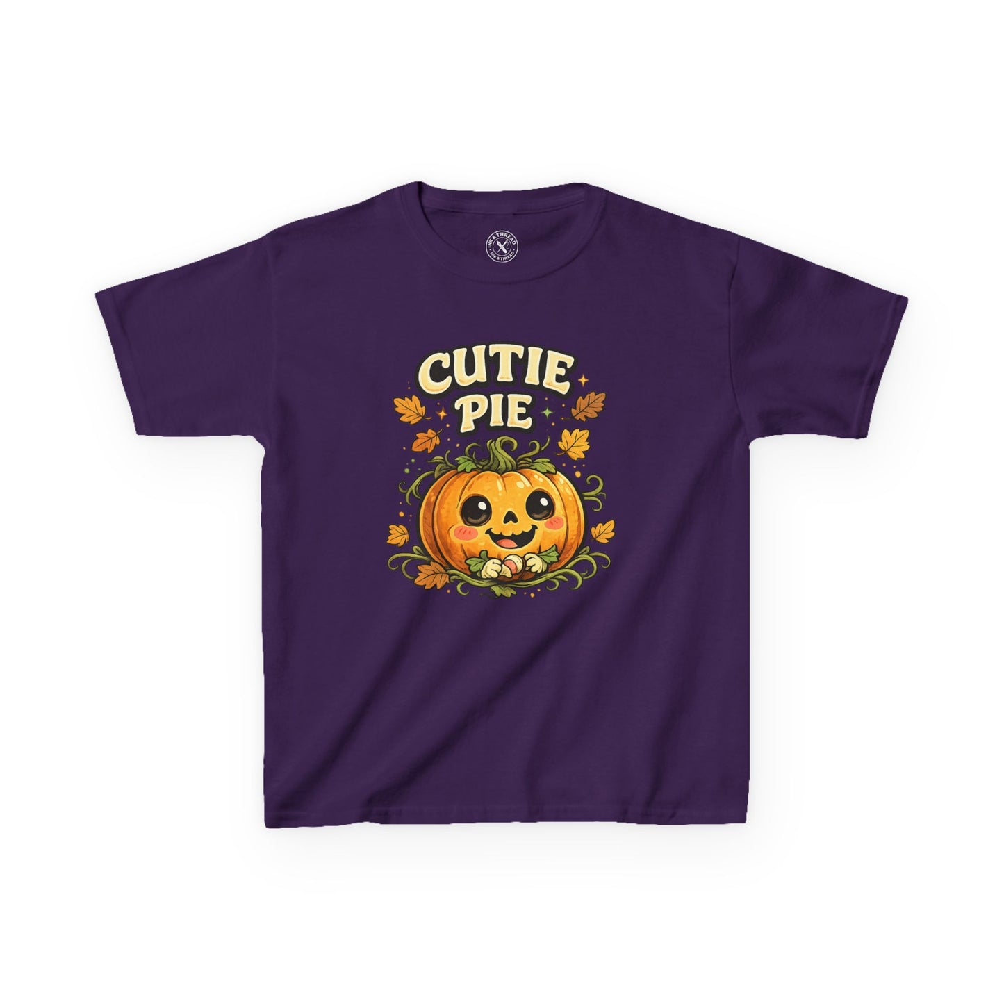 Purple kids t-shirt featuring a cute smiling pumpkin with Cutie Pie Halloween graphic print