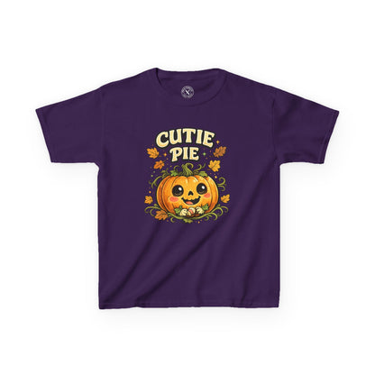 Purple kids t-shirt featuring a cute smiling pumpkin with Cutie Pie Halloween graphic print