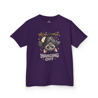Purple t-shirt featuring a cute bat hanging upside down with Hanging Out graphic print